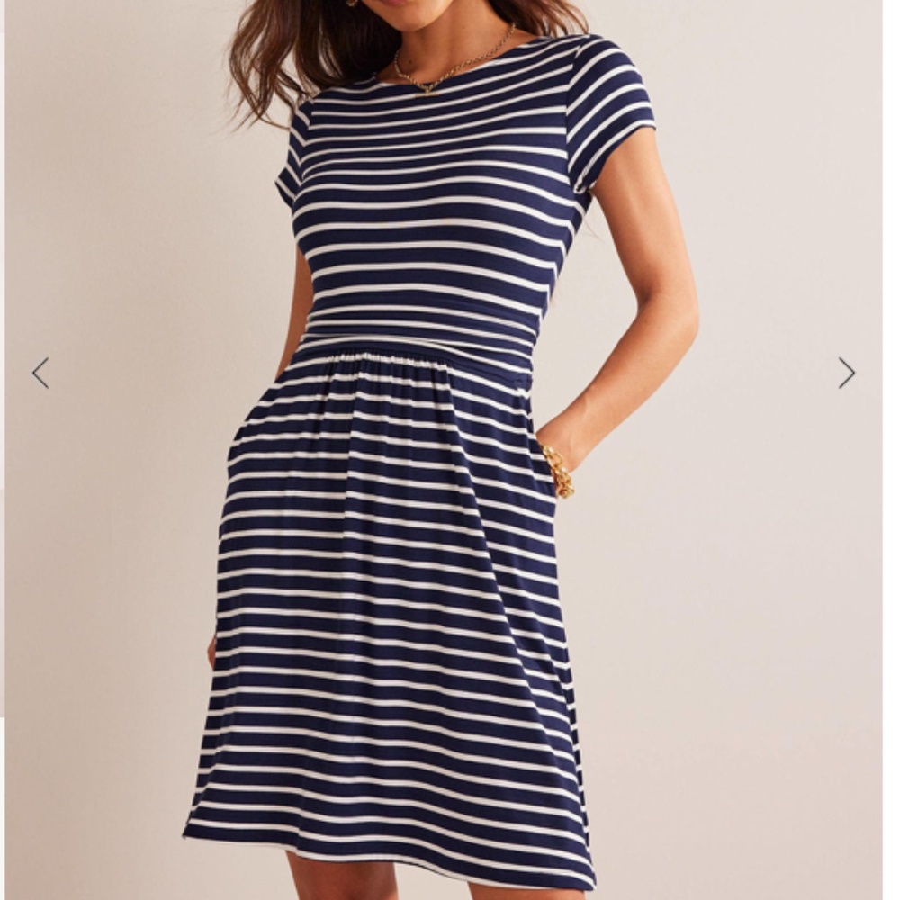 Boden Amelie Blue and White Striped Jersey Dress